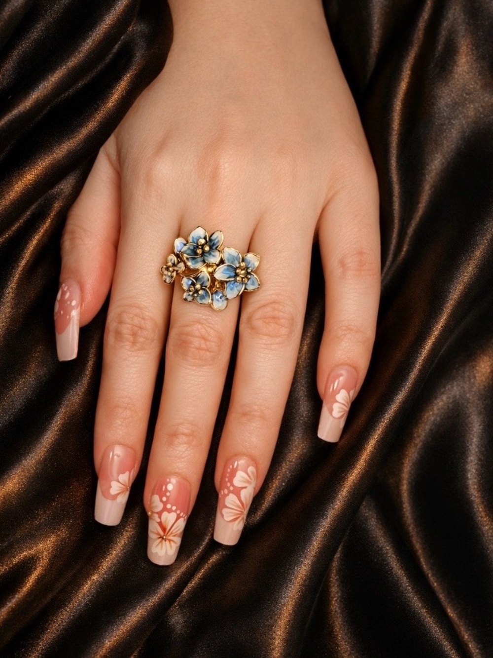 Blue Enamel Floral Cluster statement Ring I S925 Silver Sterling Gold Plated